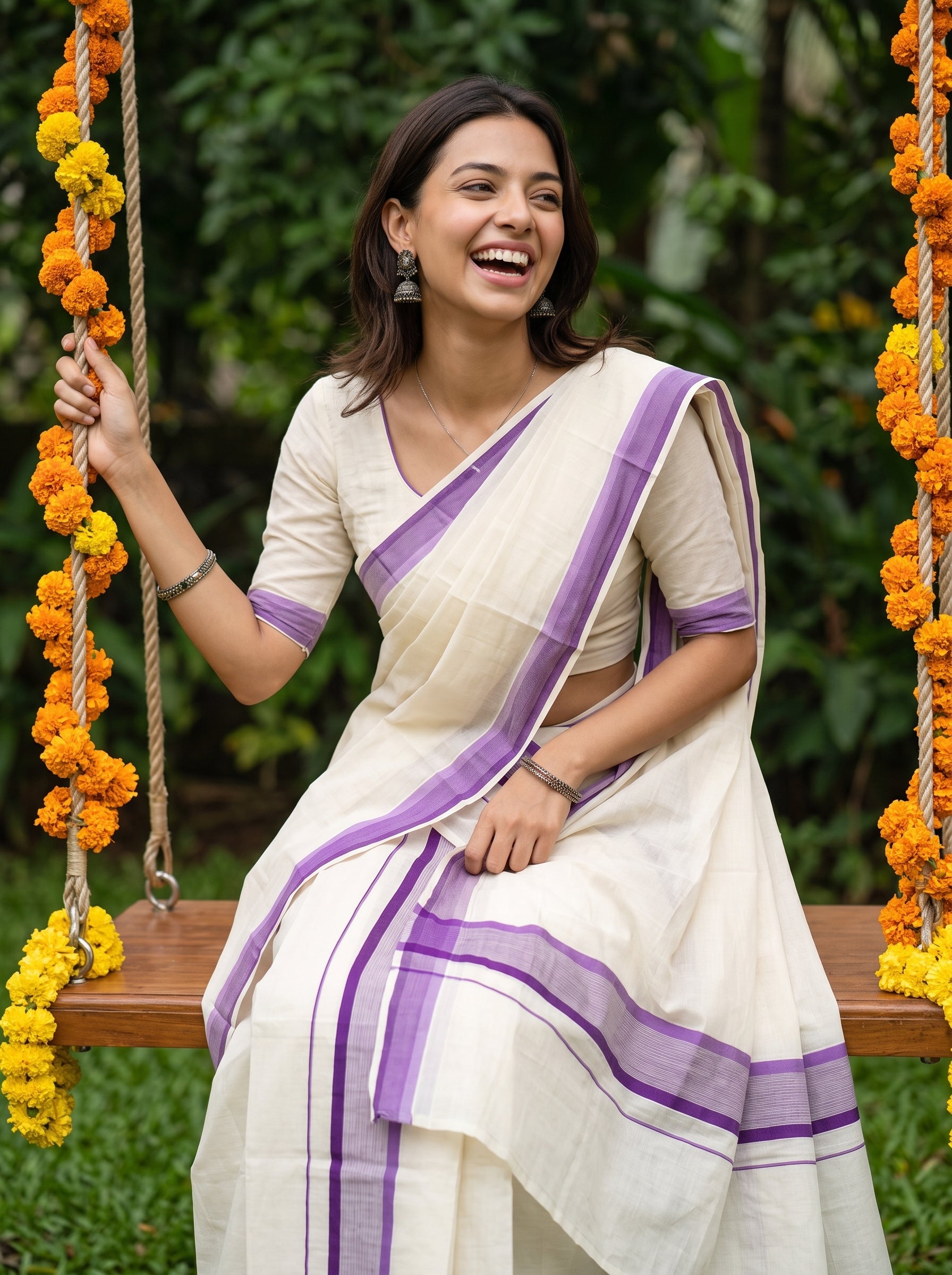 A woman wearing a cream-colored cotton saree with purple borders sits on a wooden swing decorated with orange marigold garlands, set against a lush green garden background.