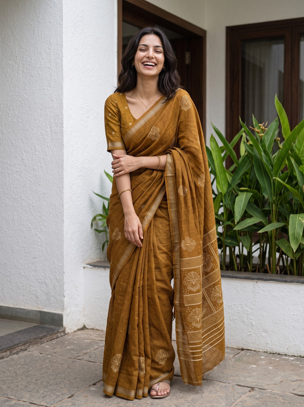 Semi Tussar Mustard Brown Saree with Cream Floral Butta Printed Pallu and Checkered Panel Border
