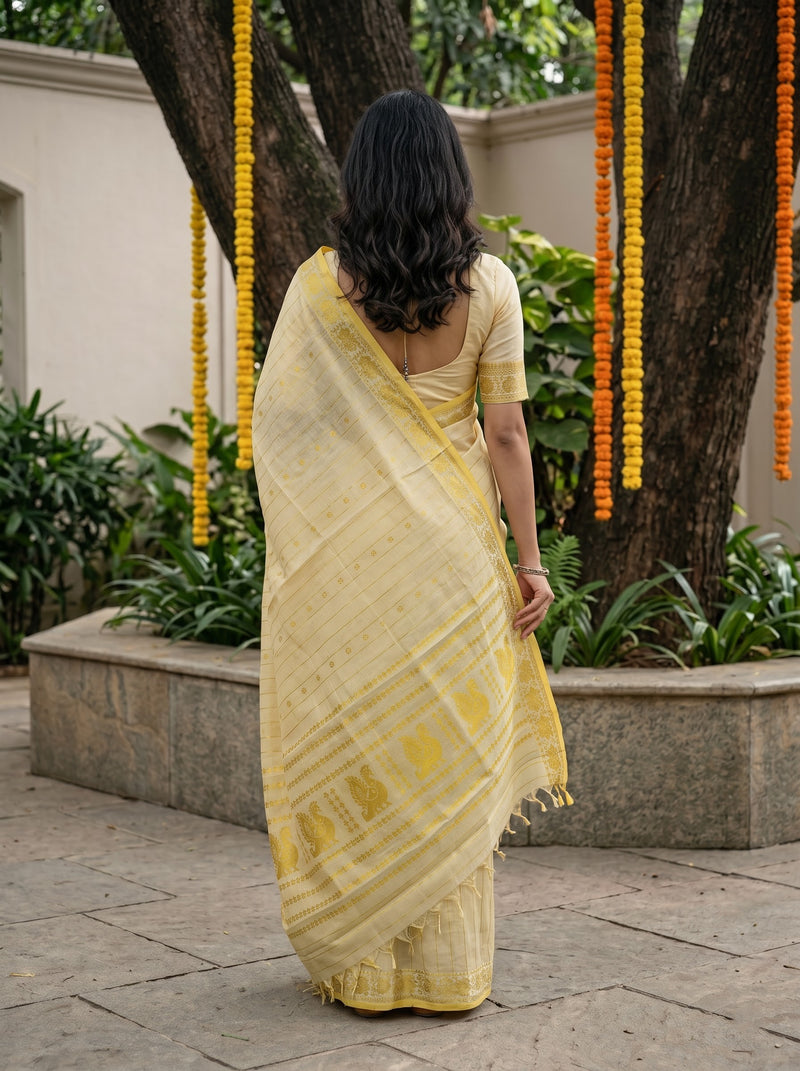 A woman viewed from behind wearing a pale yellow saree with a matching blouse, standing outdoors in front of a tree decorated with yellow and orange marigold garlands.