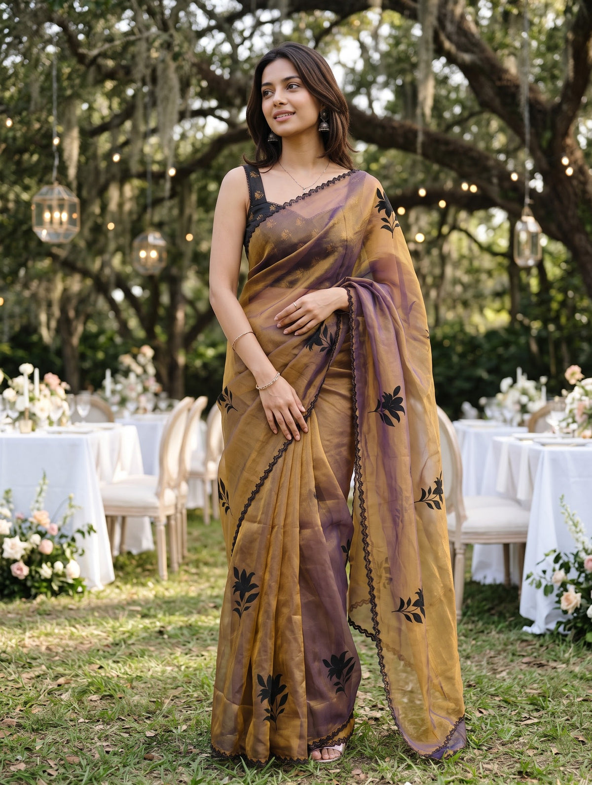 Organza Golden Bronze Saree with Black Lily Floral Print and Black Beaded Zigzag Border