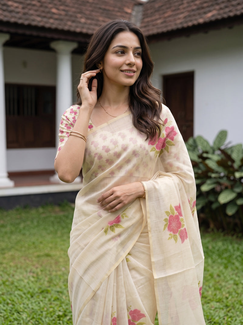 A woman wearing a cream-colored cotton saree with pink floral prints and a matching printed blouse, standing outdoors in front of a house with green grass and plants.