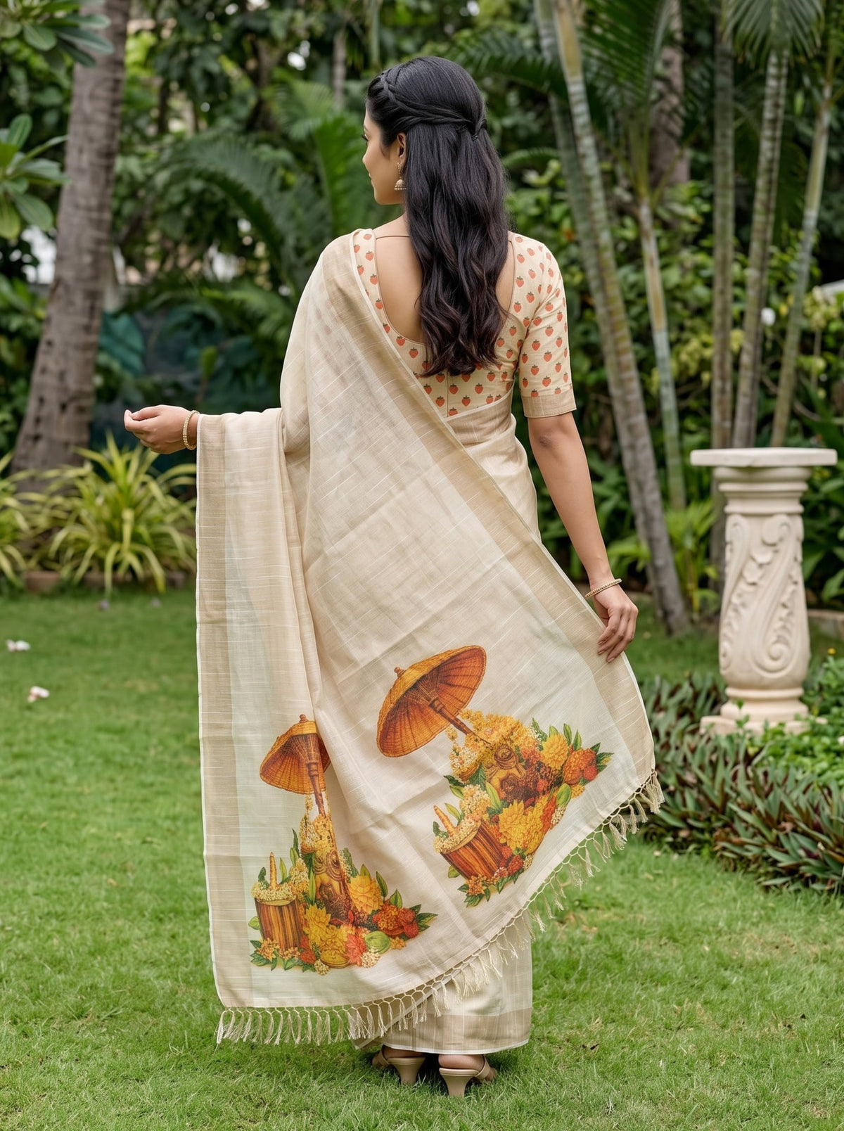 A woman stands outdoors in a garden wearing a light beige saree with a printed floral and umbrella motif near the lower hem, paired with a matching printed blouse. The background shows green grass, tropical plants, and a stone pillar.