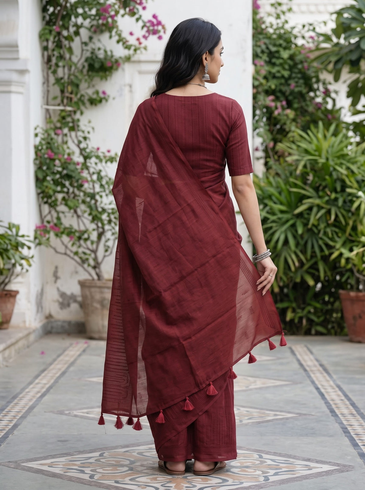 Mul Chanderi Maroon Self-Tone Dobby Weave Leaf Border