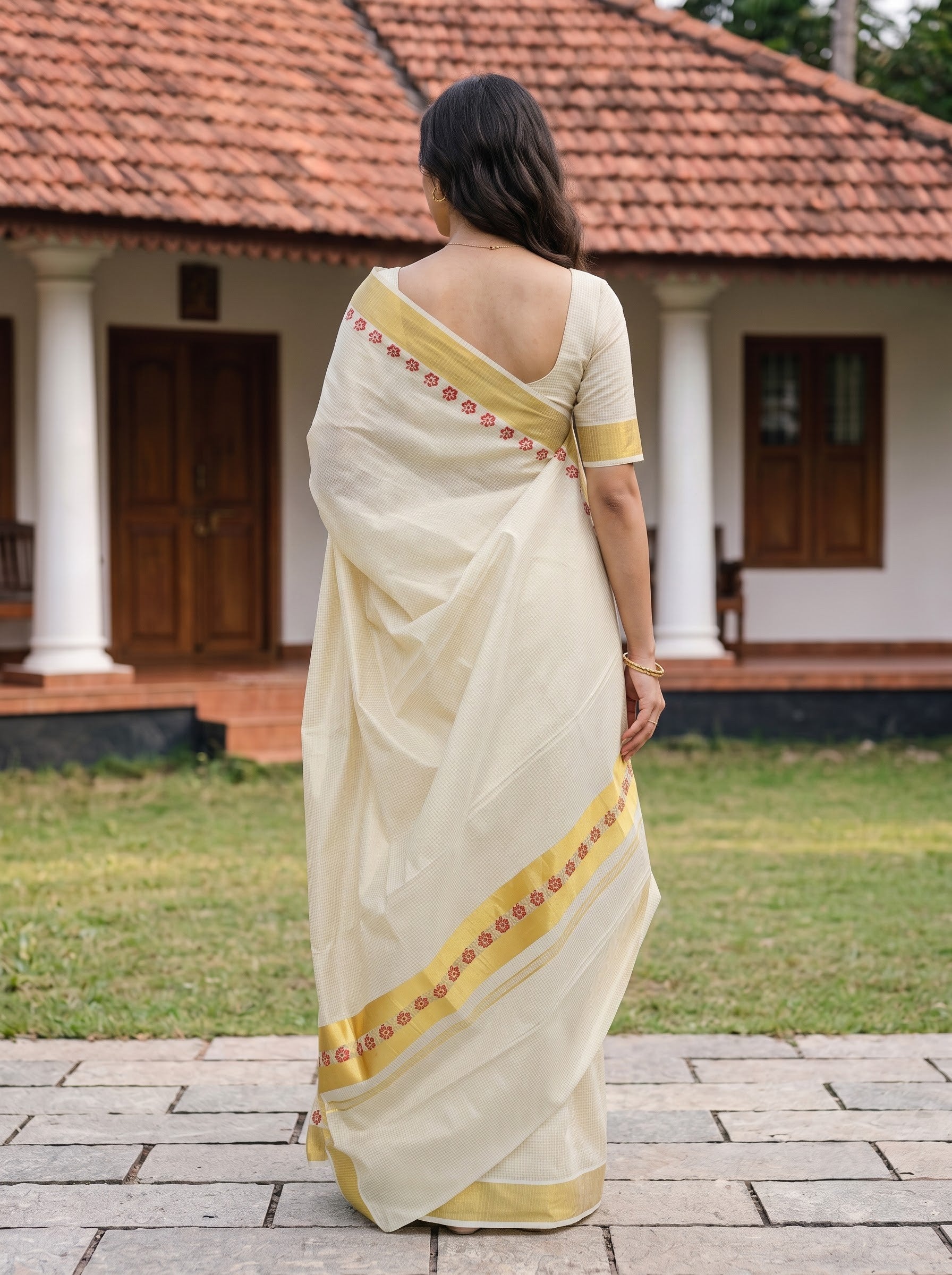 Cotton Cream Checkered Gold Red Floral Border Kerala Saree