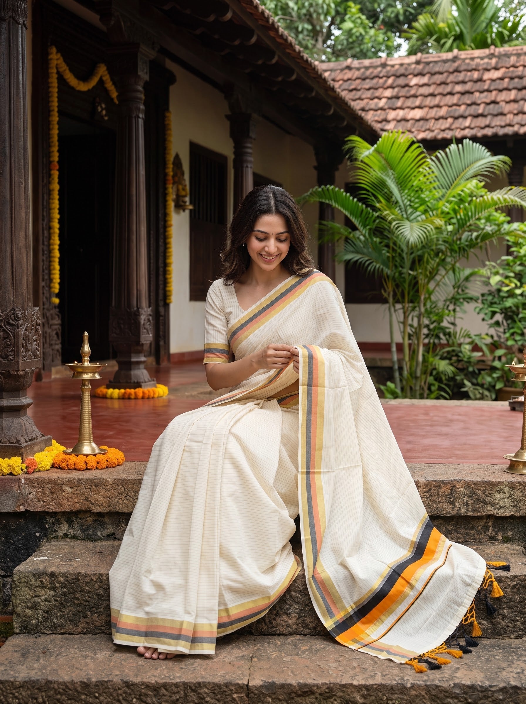 A woman wearing a cream-colored cotton saree with yellow, orange, and navy blue stripes sits on stone steps in front of a traditional house with green plants.