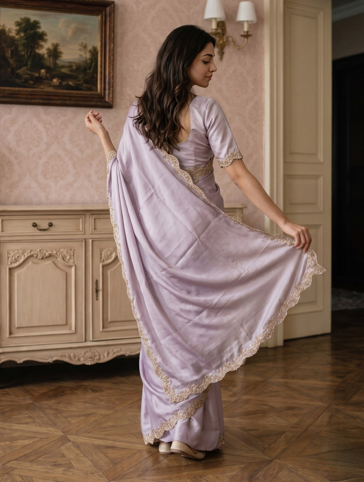 Satin Lavender Saree with Floral Vine Stone Work Scalloped Border