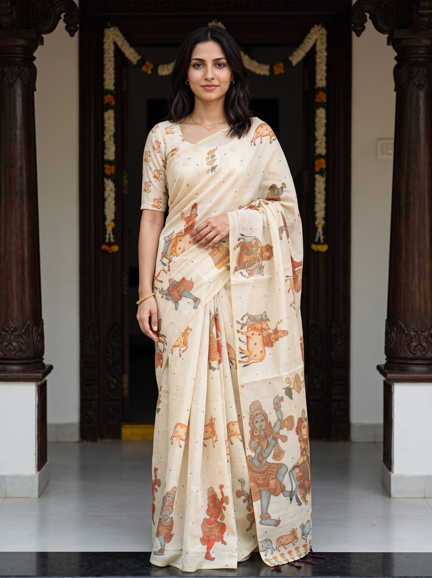 A woman wearing a cream-colored cotton saree with a traditional print of Lord Krishna and other figures in orange, brown, and blue, standing in front of a dark doorway decorated with garlands.
