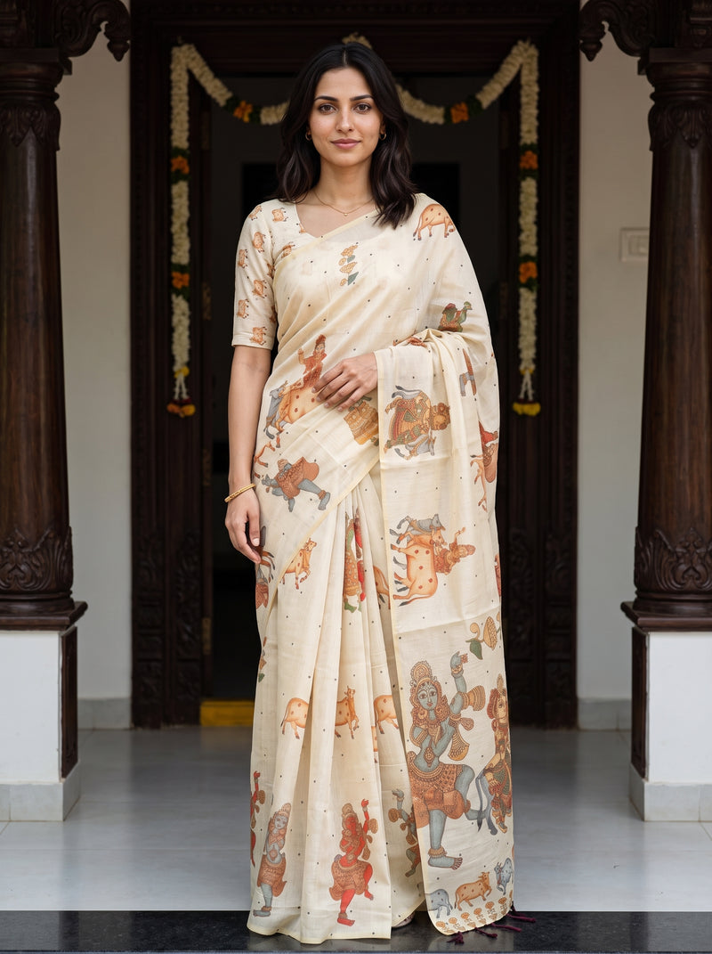 A woman wearing a cream-colored cotton saree with a traditional print of Lord Krishna and other figures in orange, brown, and blue, standing in front of a dark doorway decorated with garlands.