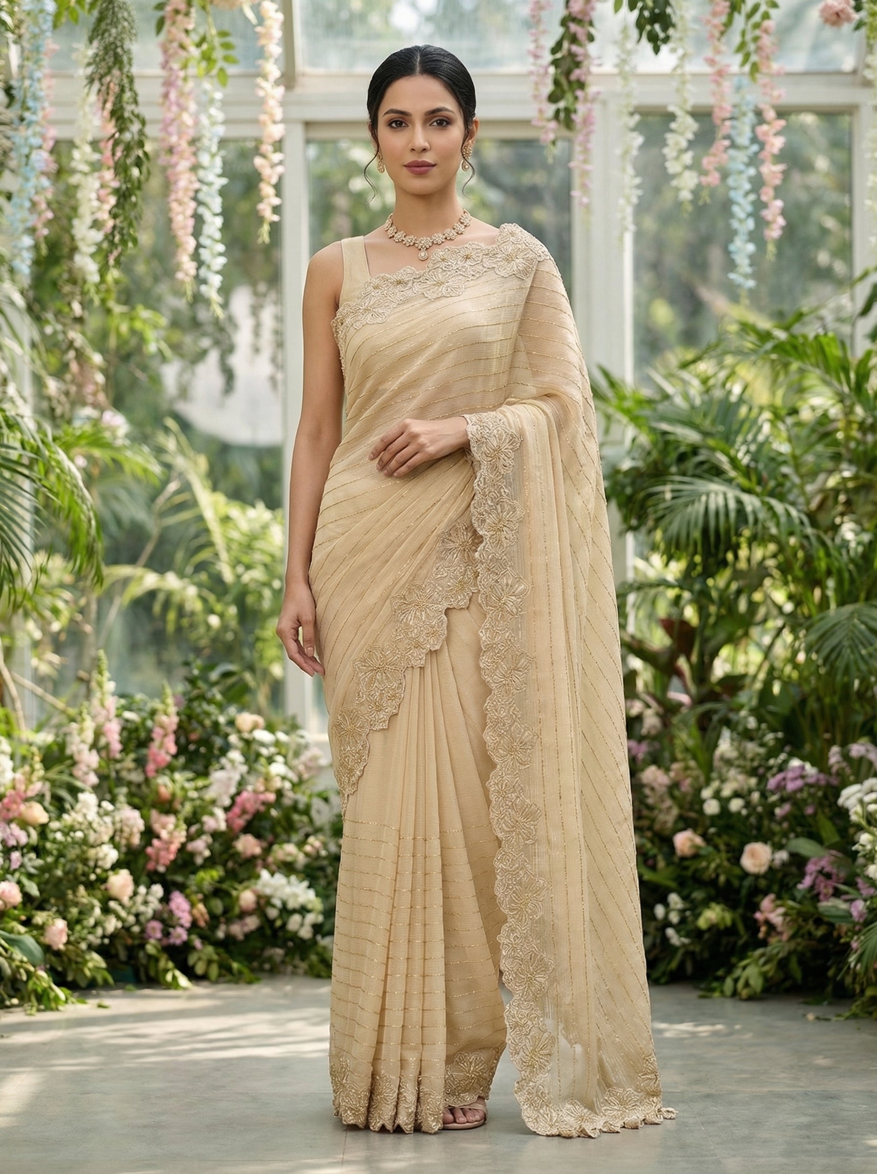 Woman in a beige saree standing in a garden with flowers and greenery