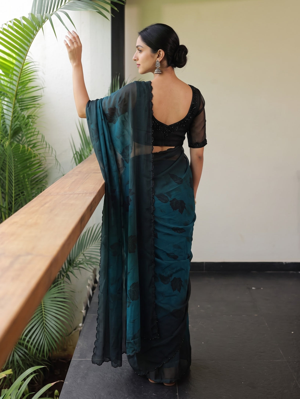 Organza Peacock Blue Black Ombre Saree with Large Leaf Print and Scalloped Beaded Border