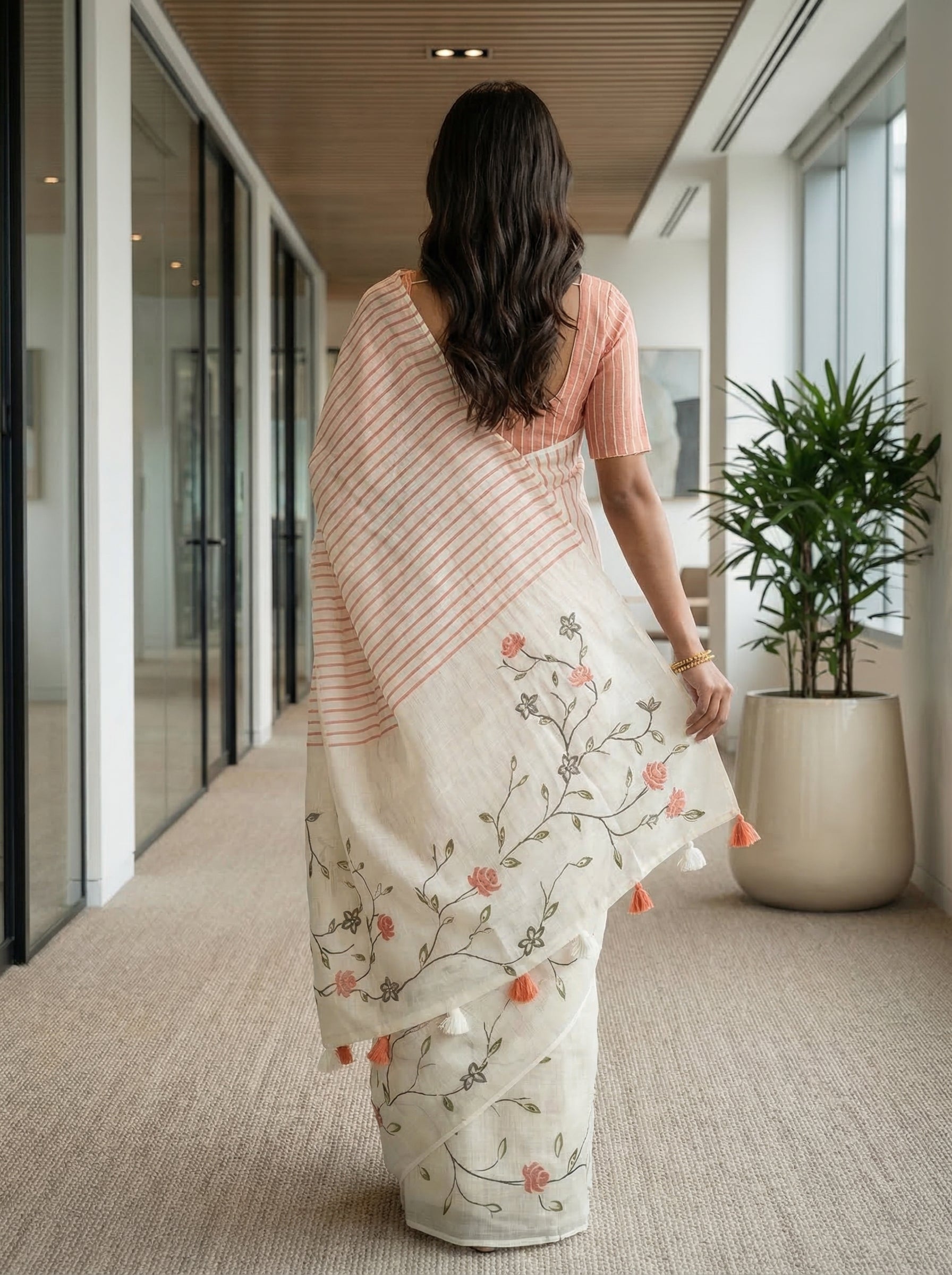 Linen Ivory Off White Coral Stripe Pattern Saree with Floral Embroidery