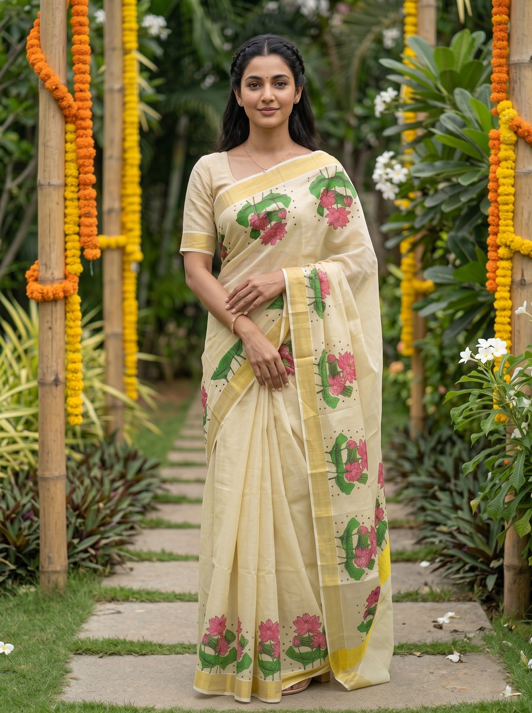 Tissue Cream Pink Lotus Floral Print with Golden Zari Border Onam Special Kerala Saree