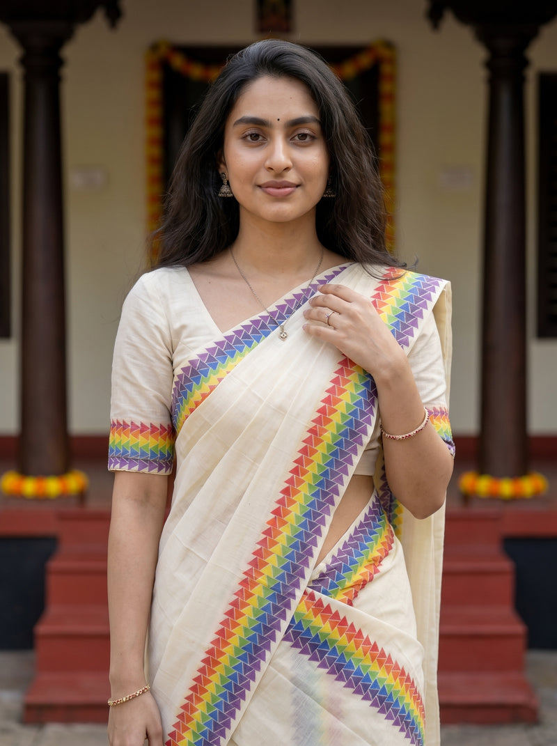 A woman wearing a cream-colored sari with vibrant rainbow patterned borders, standing in front of a traditional building with dark pillars.