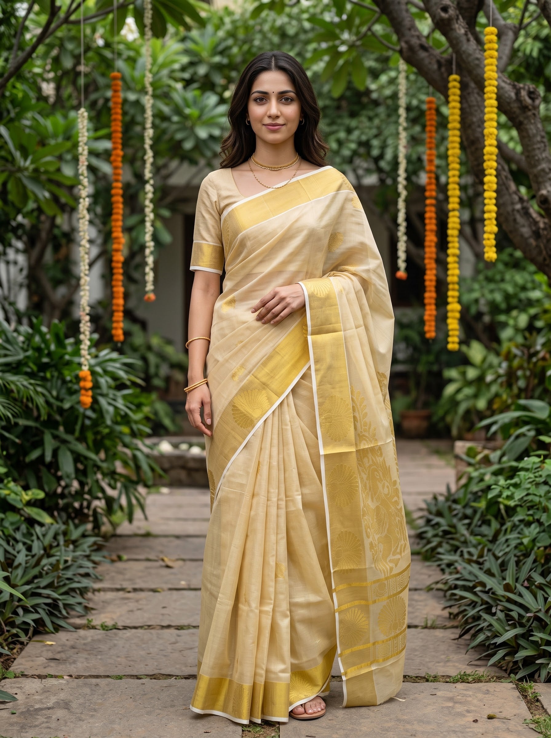 Tissue Golden Woven Butta with Zari Pallu Onam Special Kerala Traditional Saree