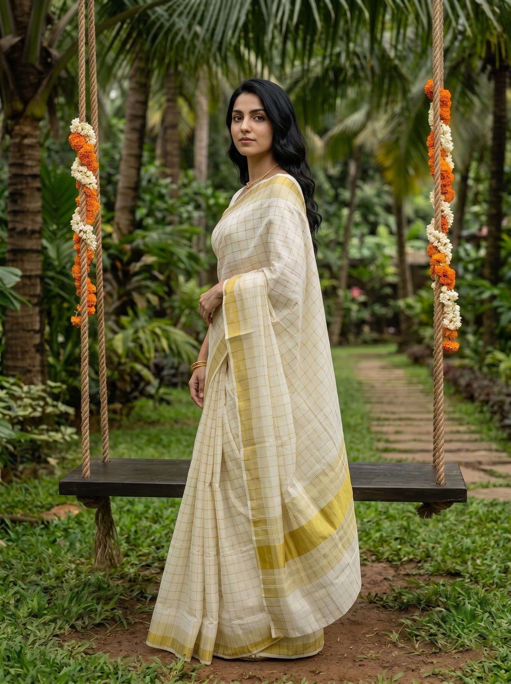 Tissue Cream Golden Checkered Weave with Golden Zari Border Onam Special Kerala Saree