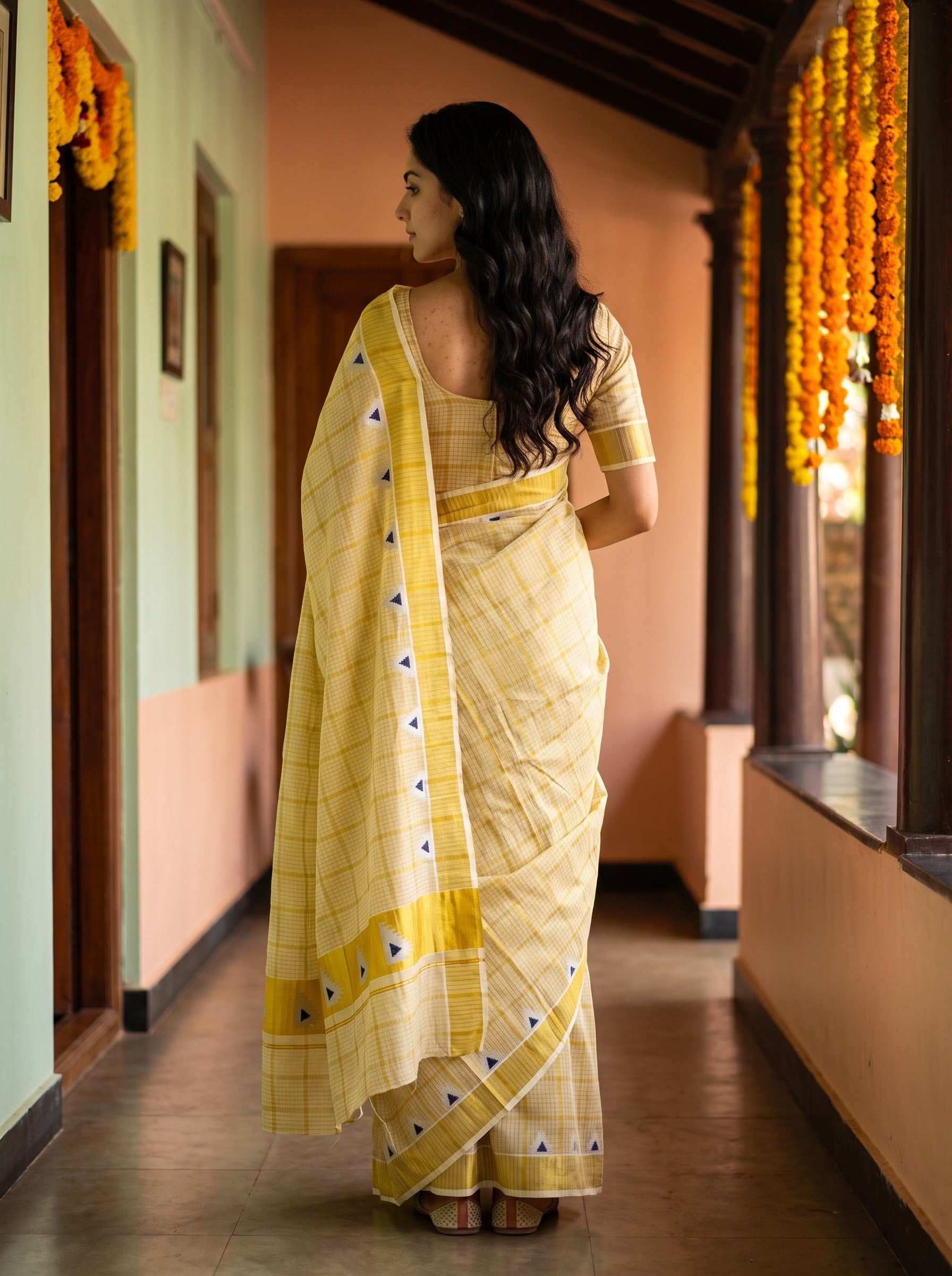 Tissue Golden Checkered Navy Triangle Motif with Golden Border Onam Special Kerala Saree