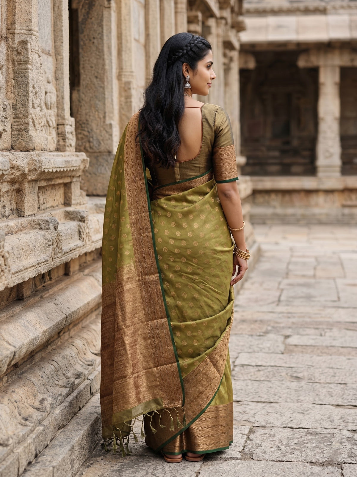 Semi Silk Olive Green Saree with Rich Copper Zari Woven Pallu, Zari Buttas and Tassels