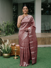Kanjivaram Tissue Silk Rose Pink All-Over Horizontal Stripe Saree with Temple Border Pallu
