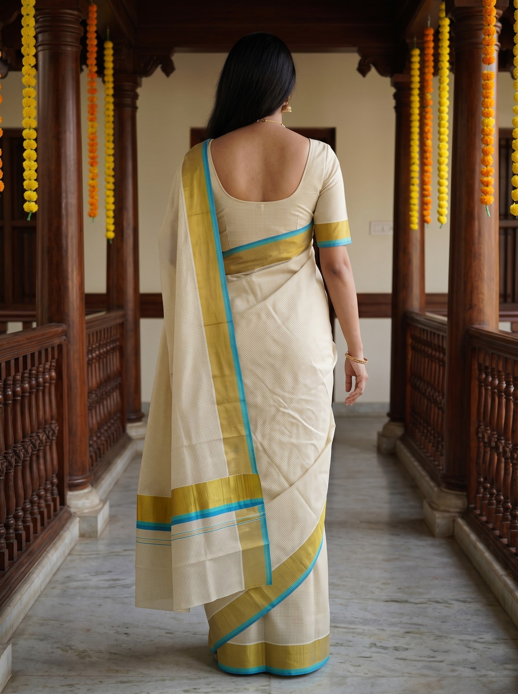 Cotton Cream Fine Checkered with Golden Turquoise Border Onam Special Kerala Saree