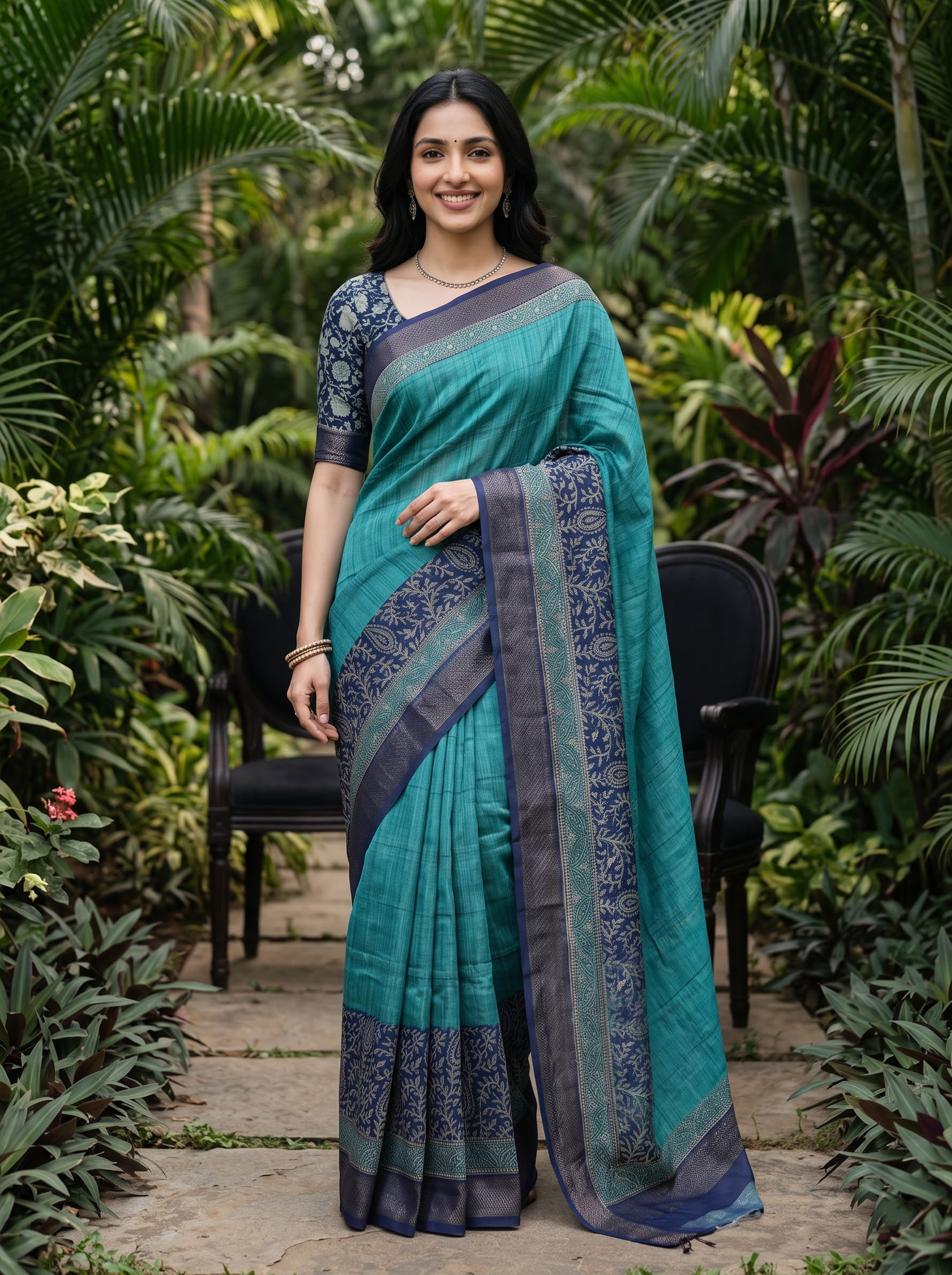 A woman stands outdoors in a lush tropical garden wearing a teal and navy blue patterned sari. The sari has a solid teal body with a dark navy border and pallu featuring intricate floral motifs, paired with a matching navy blue blouse.