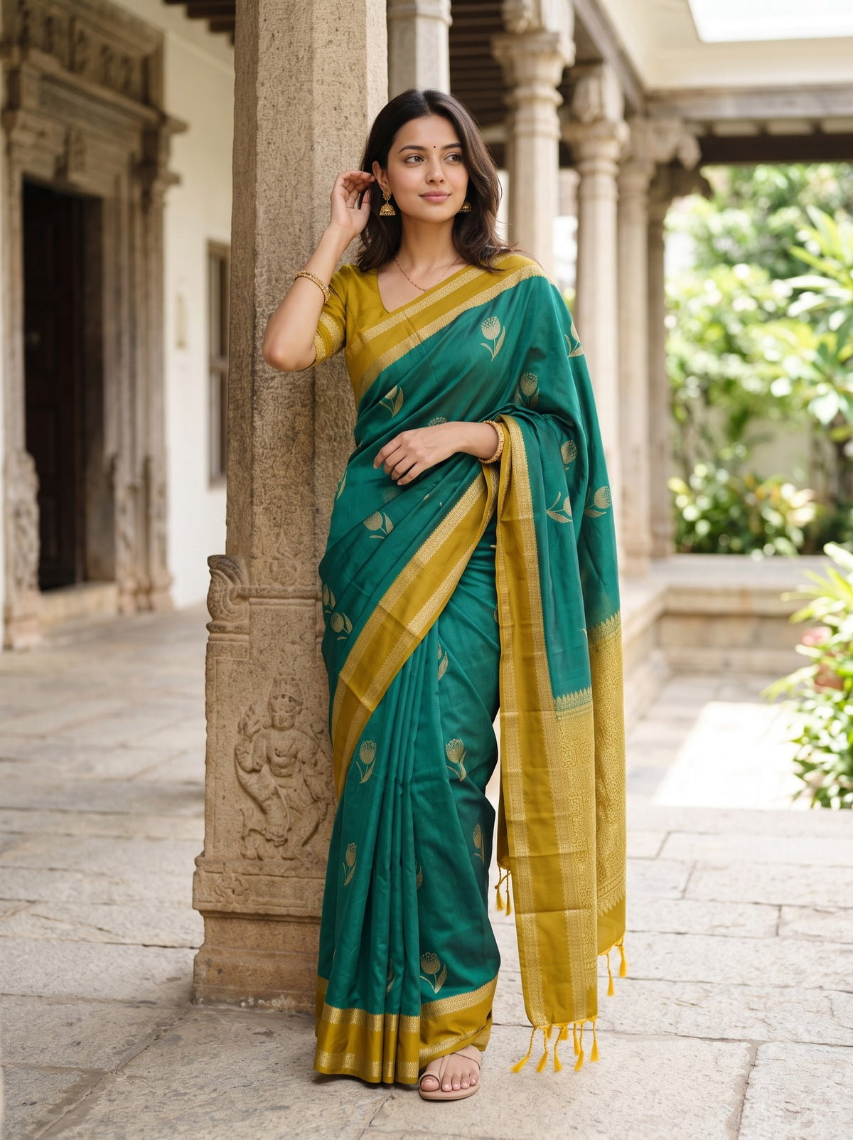 A woman wearing a teal green and mustard yellow silk saree with gold motifs, standing in a stone corridor with pillars.