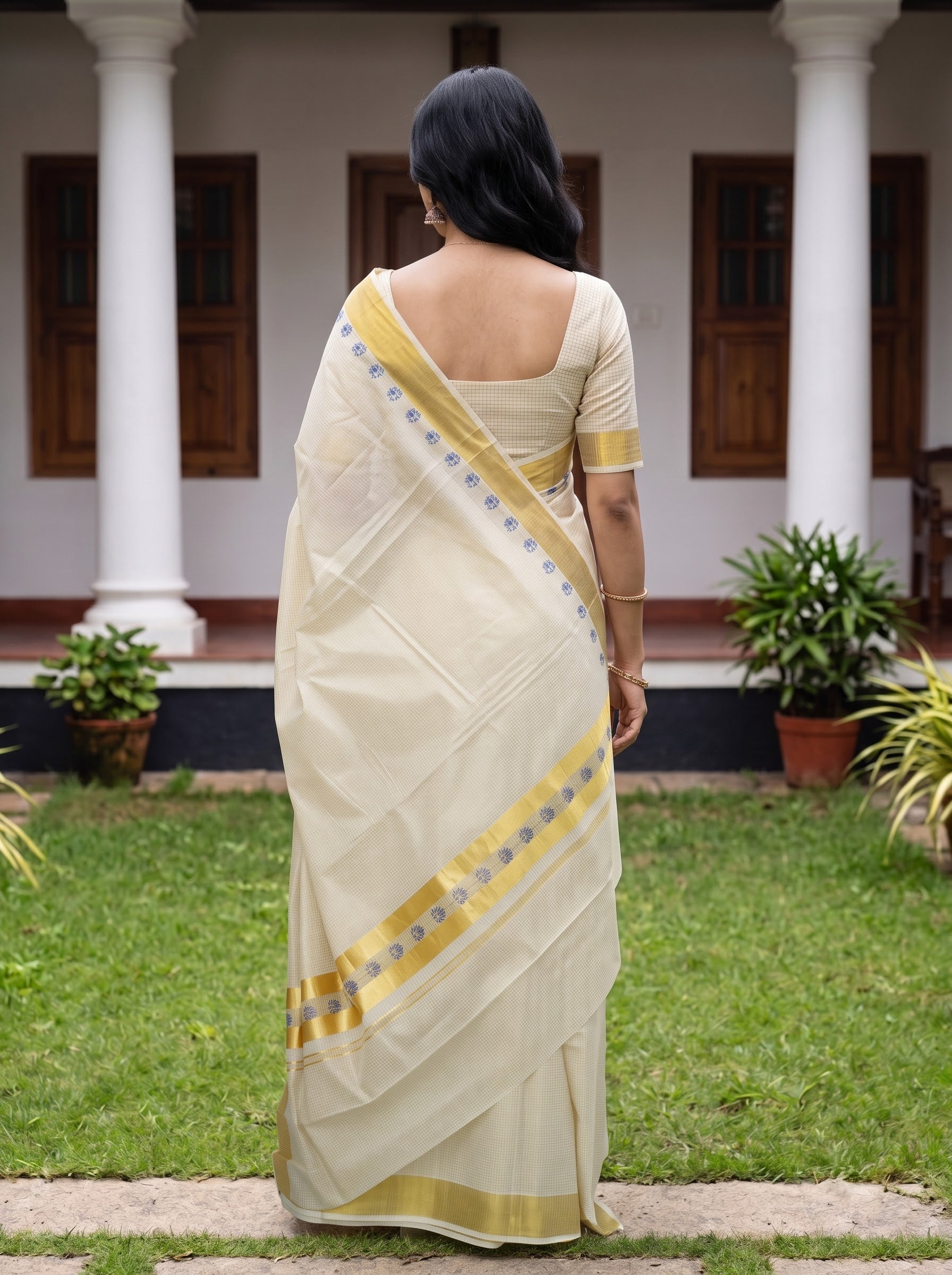 Cotton Cream Checkered Gold Blue Lotus Border Kerala Saree