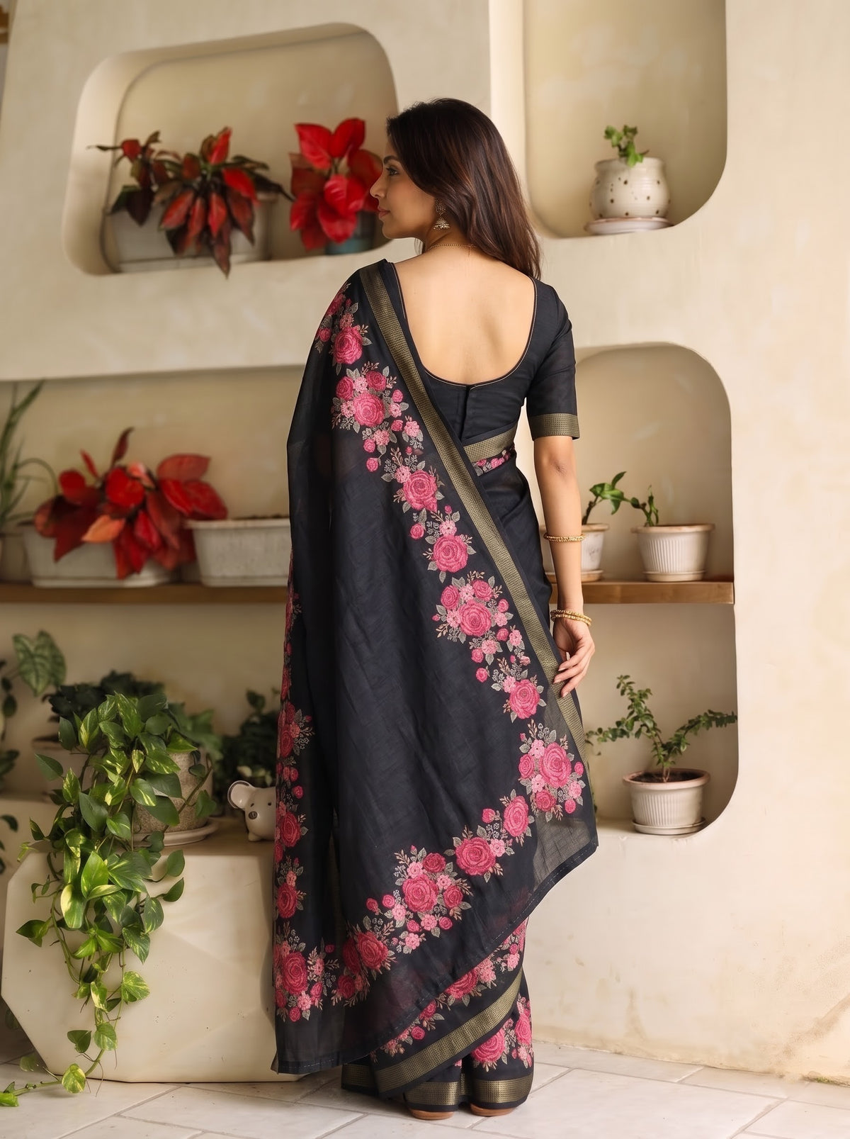 Semi Tussar Black Saree with Floral Rose Garden Print and Tasseled Pallu