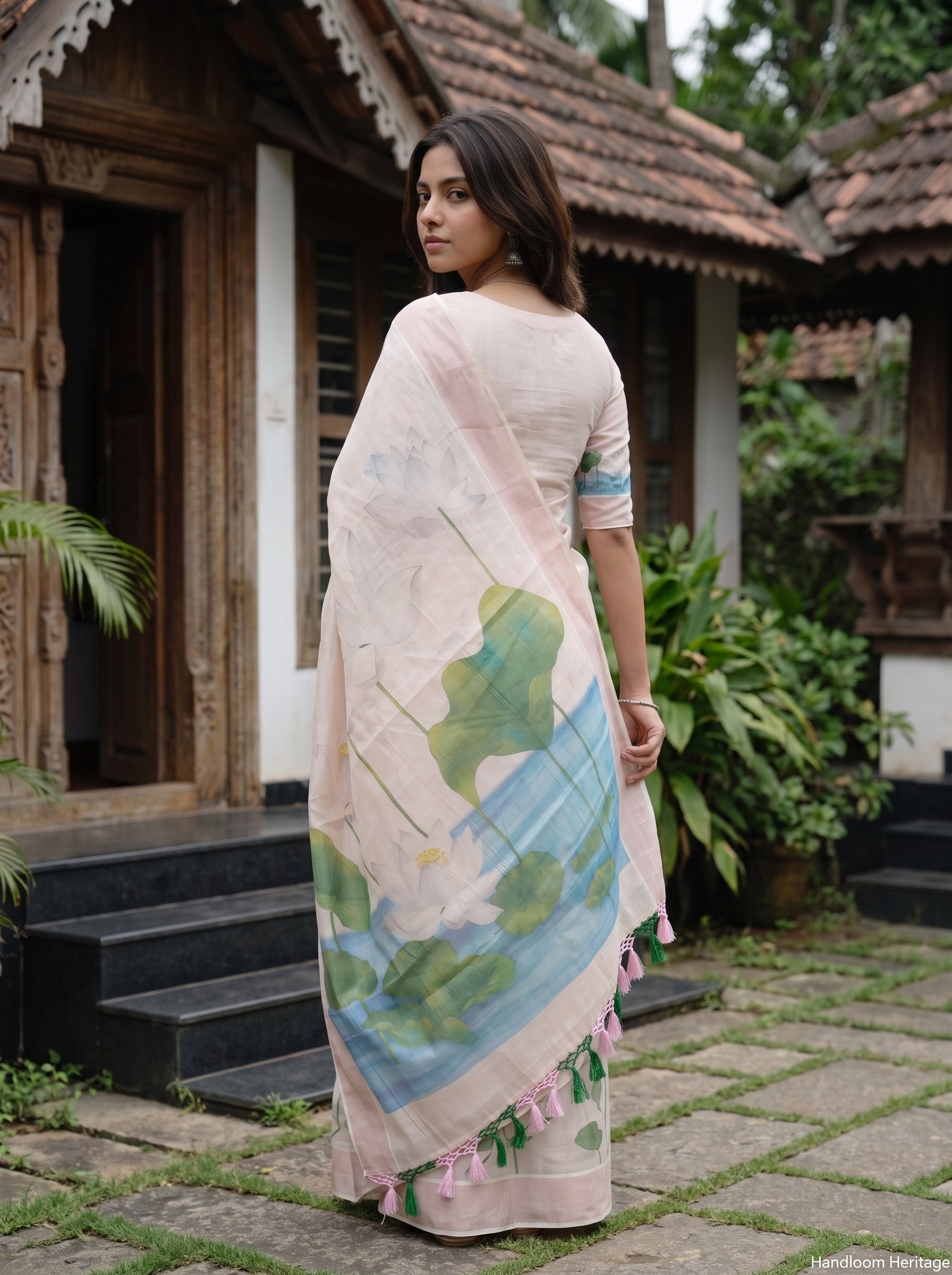 Tissue Peach Hand-Painted Lotus Pond Set Saree with Tassels
