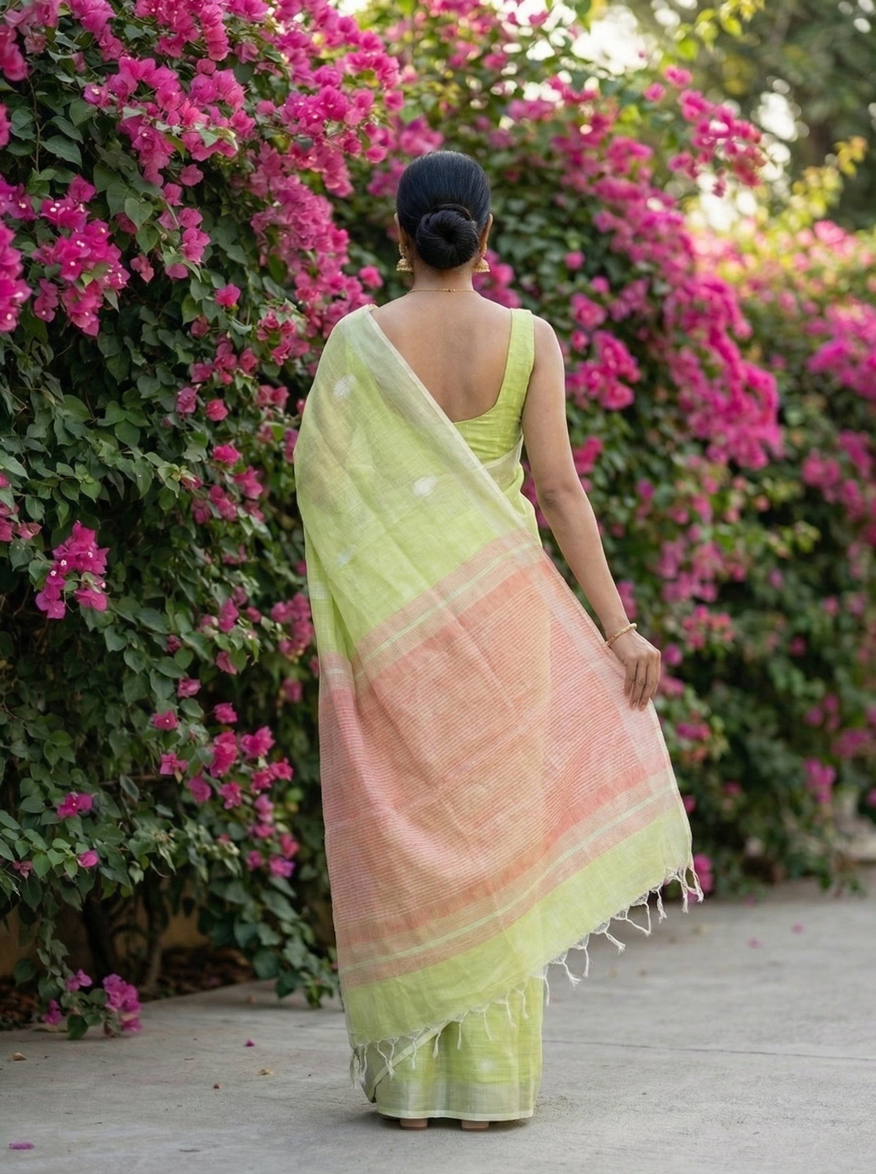 Linen Lime Green Saree with Silver Butta And Pink Stripe Pallu