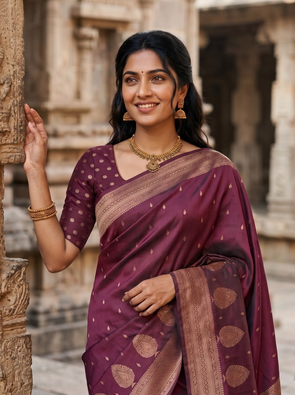 A woman wearing a deep purple saree with gold motifs and a bronze border, standing in front of a stone architectural background.