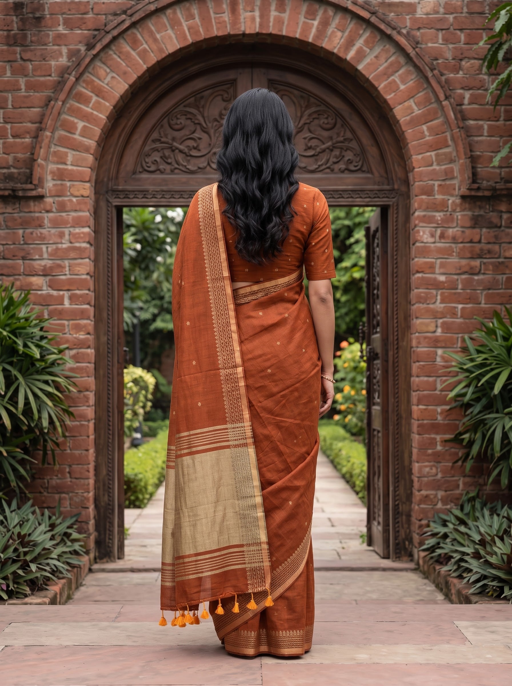 A woman viewed from behind wearing an orange rust saree with a beige and orange border, standing in front of a carved dark wooden archway in a brick garden setting.
