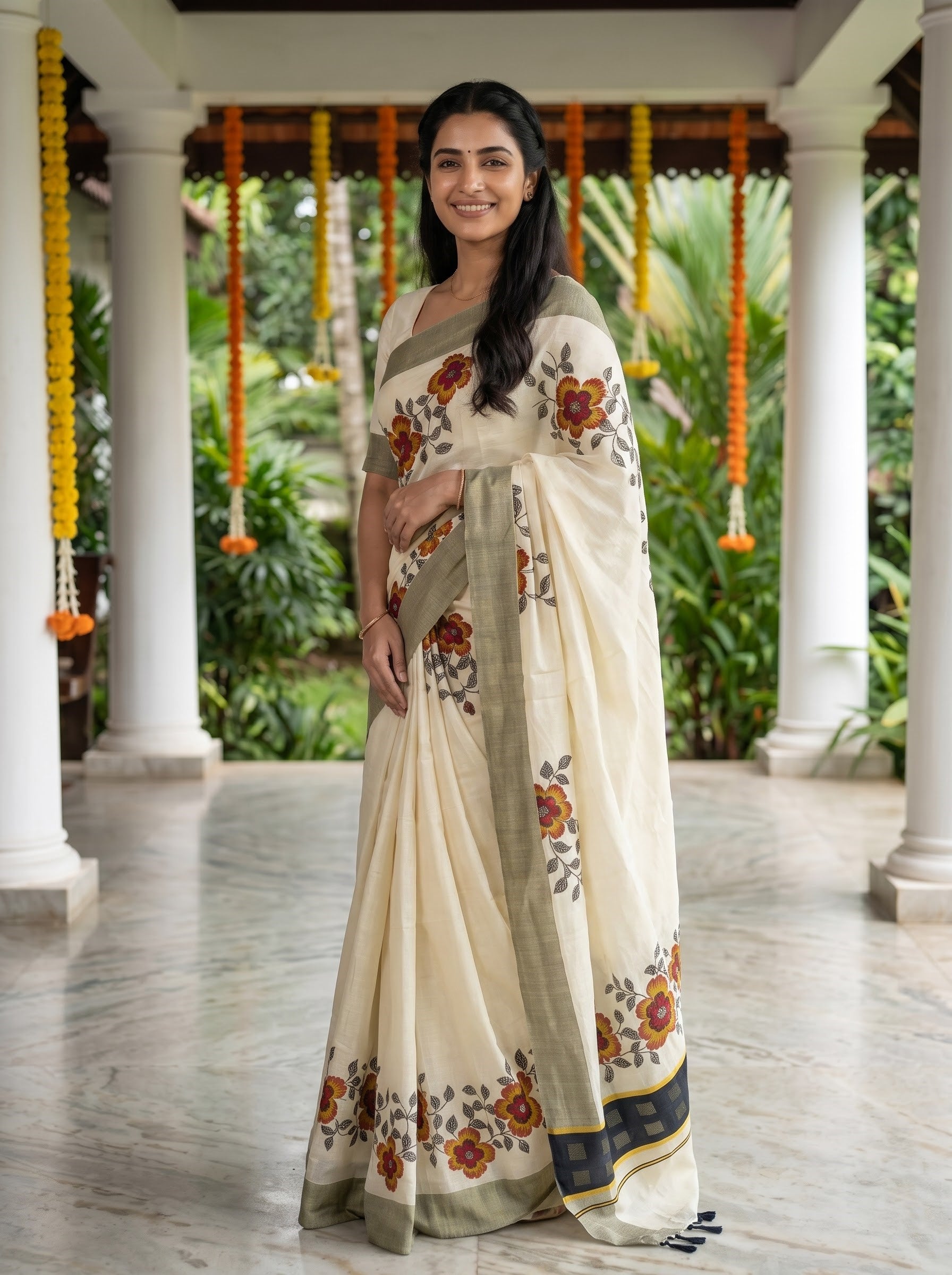 Tissue Cream Orange Floral Vine Print Onam Special Kerala Saree