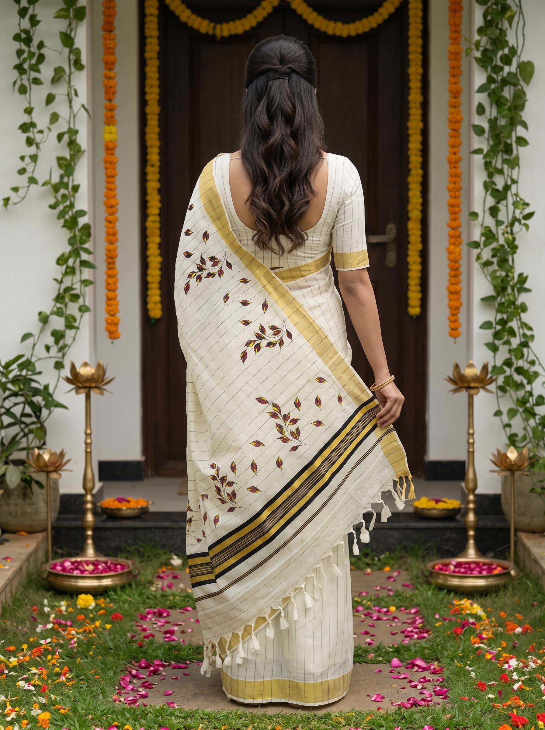 Cotton Cream Maroon Yellow Leaf Vine Print with Golden Zari Border Onam Special Kerala Saree
