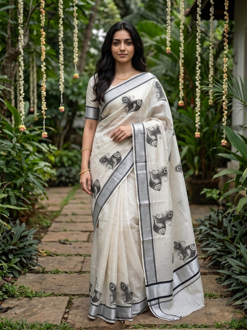 A woman wearing a cream-colored cotton saree with gray and black printed motifs and borders, standing on a stone path in a lush garden setting.