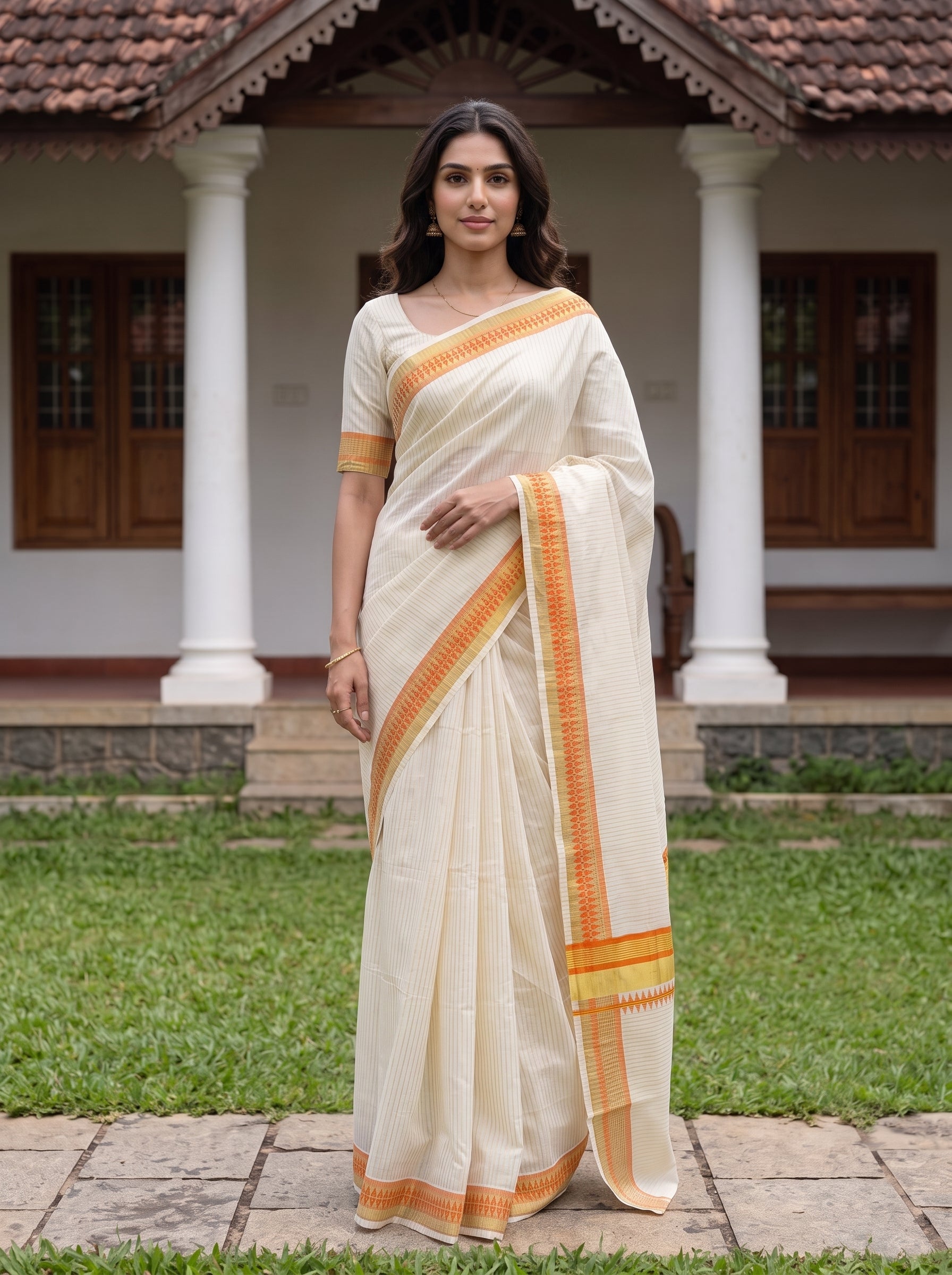 Cotton Cream Gold Orange Zigzag Border Kerala Saree