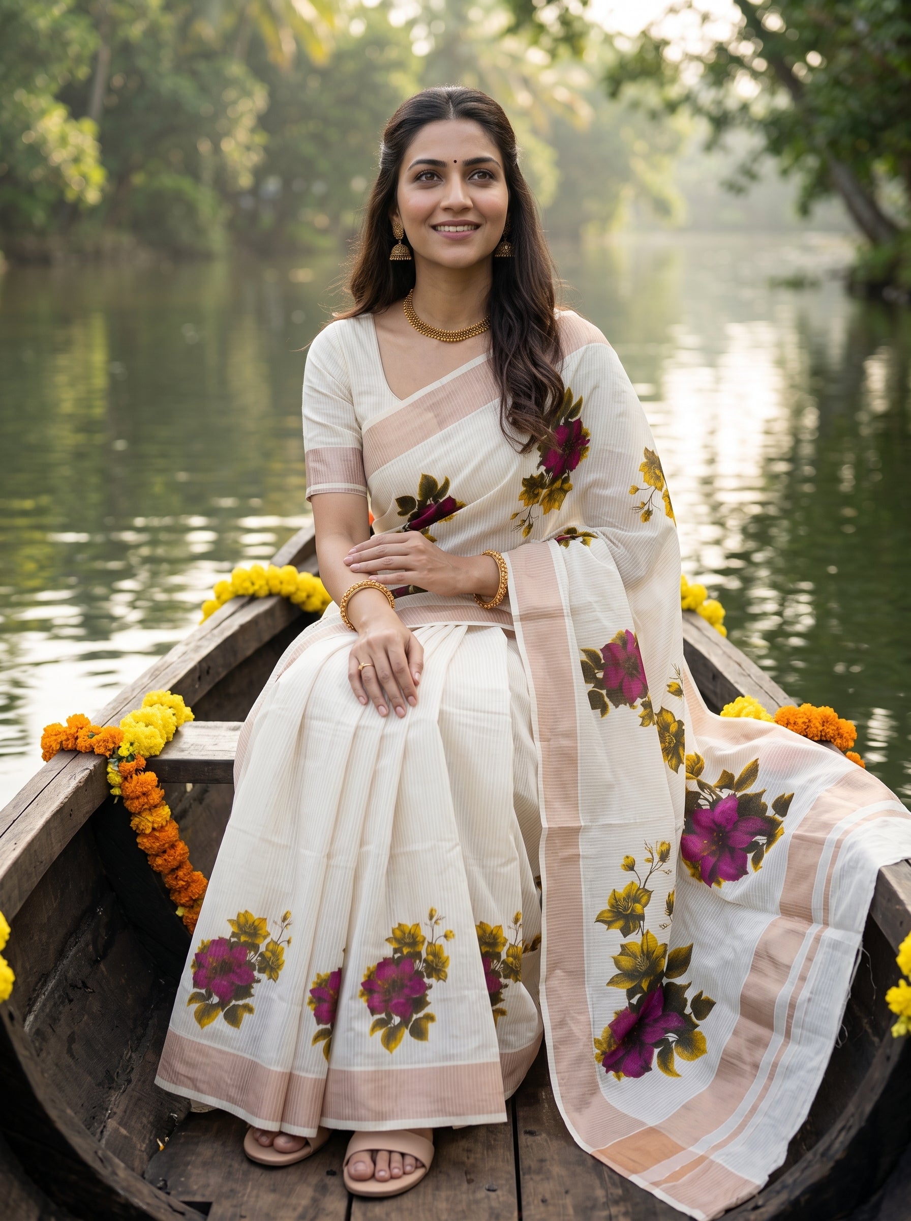 A woman wearing a white saree with pink stripes and purple floral prints sits in a wooden boat on a lake, with green trees in the background.