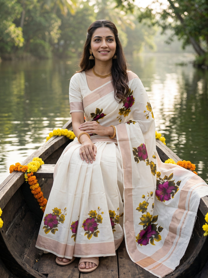A woman wearing a white saree with pink stripes and purple floral prints sits in a wooden boat on a lake, with green trees in the background.