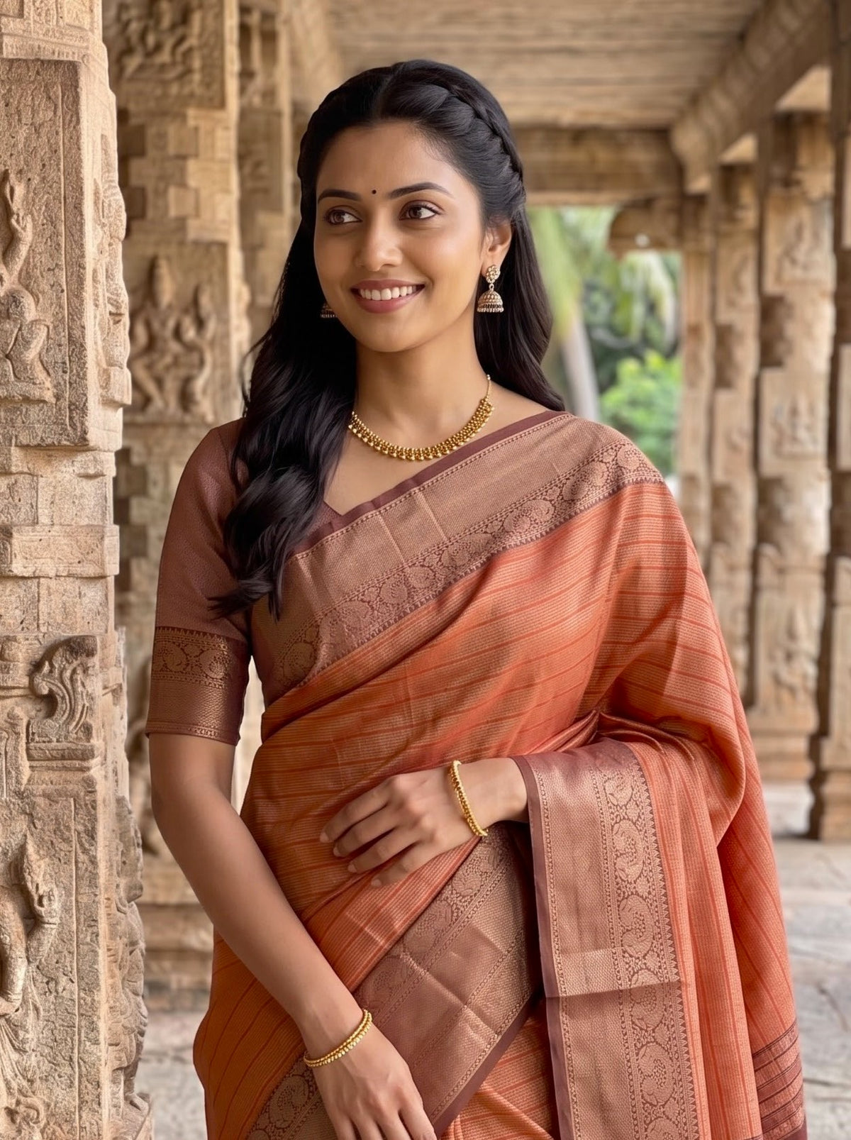 A woman wearing a peach and brown patterned silk saree with a matching blouse, standing in a stone corridor with carved pillars.