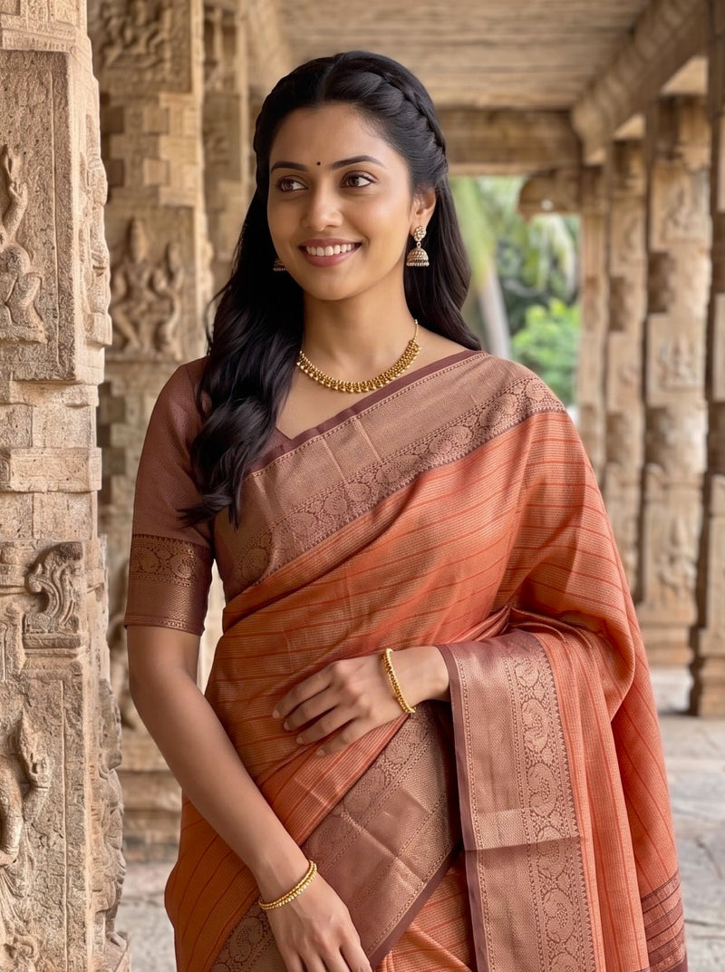 A woman wearing a peach and brown patterned silk saree with a matching blouse, standing in a stone corridor with carved pillars.