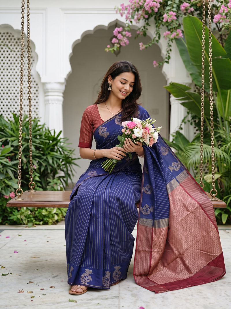 A woman wearing a royal blue and dusty rose saree with gold motifs sits on a hanging swing in a garden courtyard, holding a bouquet of pink and white flowers.