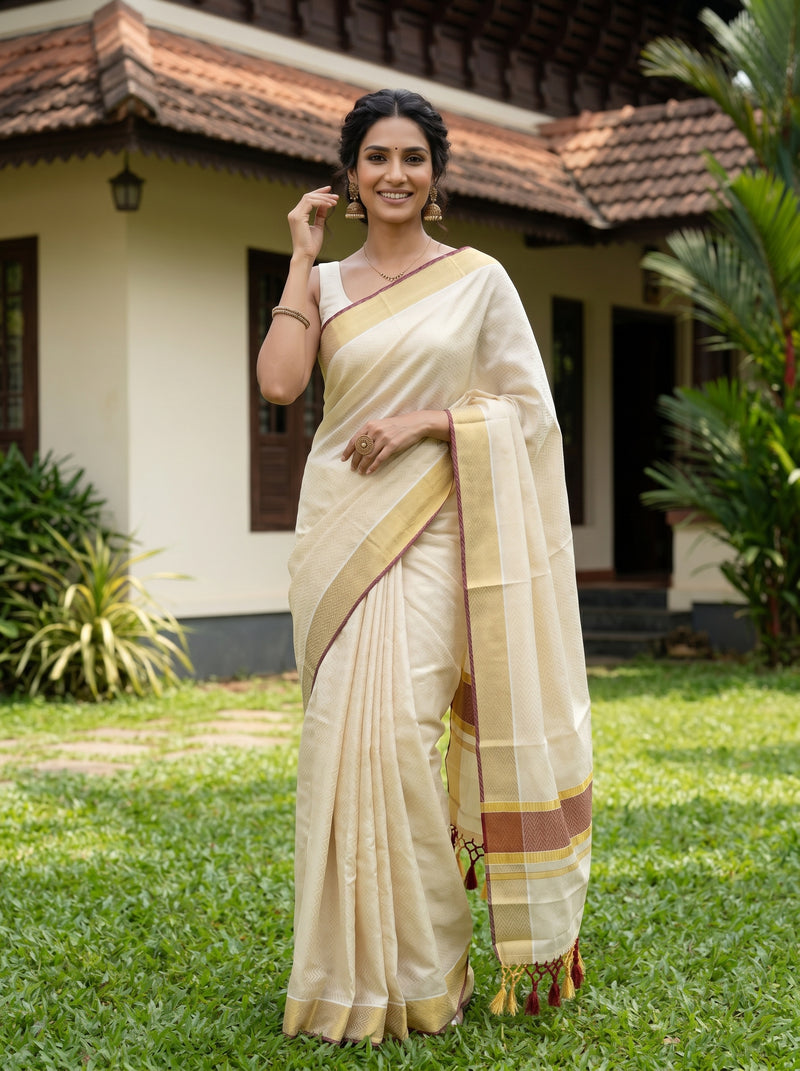 Woman in a traditional saree standing outdoors in front of a house