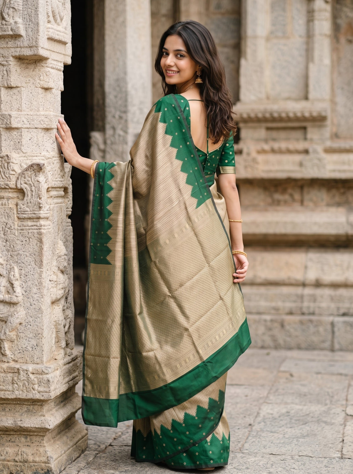 Semi Silk Bottle Green Temple Border Copper Zari Pallu Saree with Butta Body