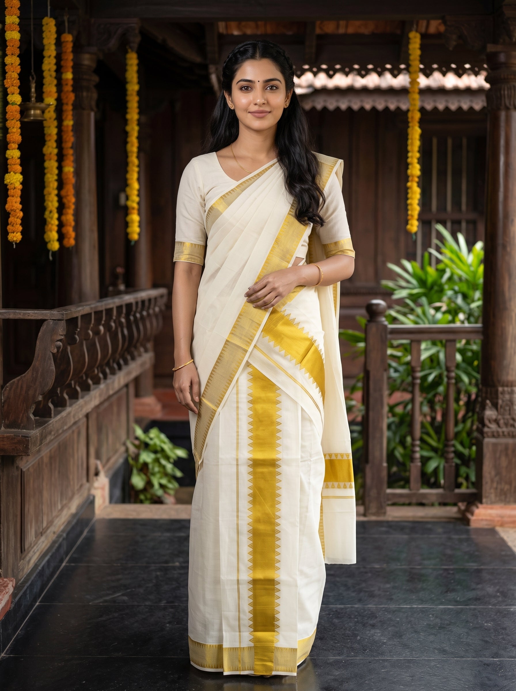 A woman wearing a traditional Indian saree stands on a wooden porch. The saree is off-white/cream with a yellow-gold border and pallu, paired with a matching cream blouse with yellow-gold trim.