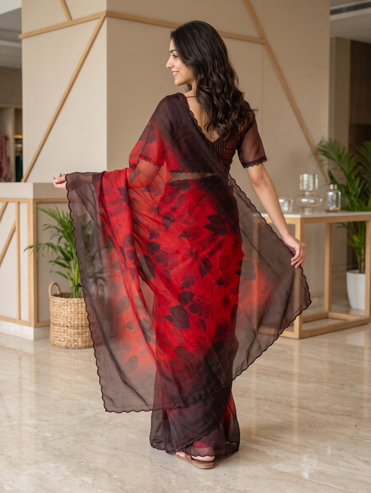 Organza Red Black Ombre Saree with Large Leaf Print and Scalloped Beaded Border