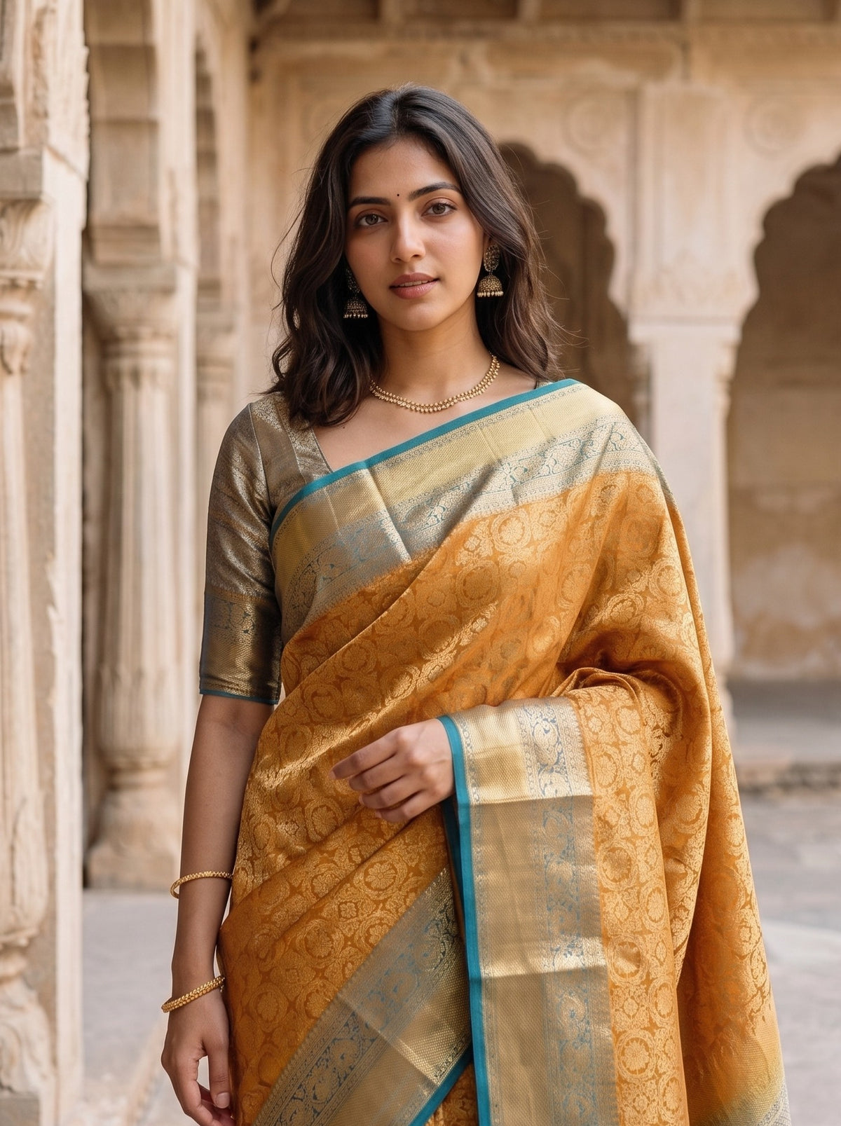 A woman wearing a golden yellow and silver Patola-style saree with a teal border, standing in front of a stone archway.