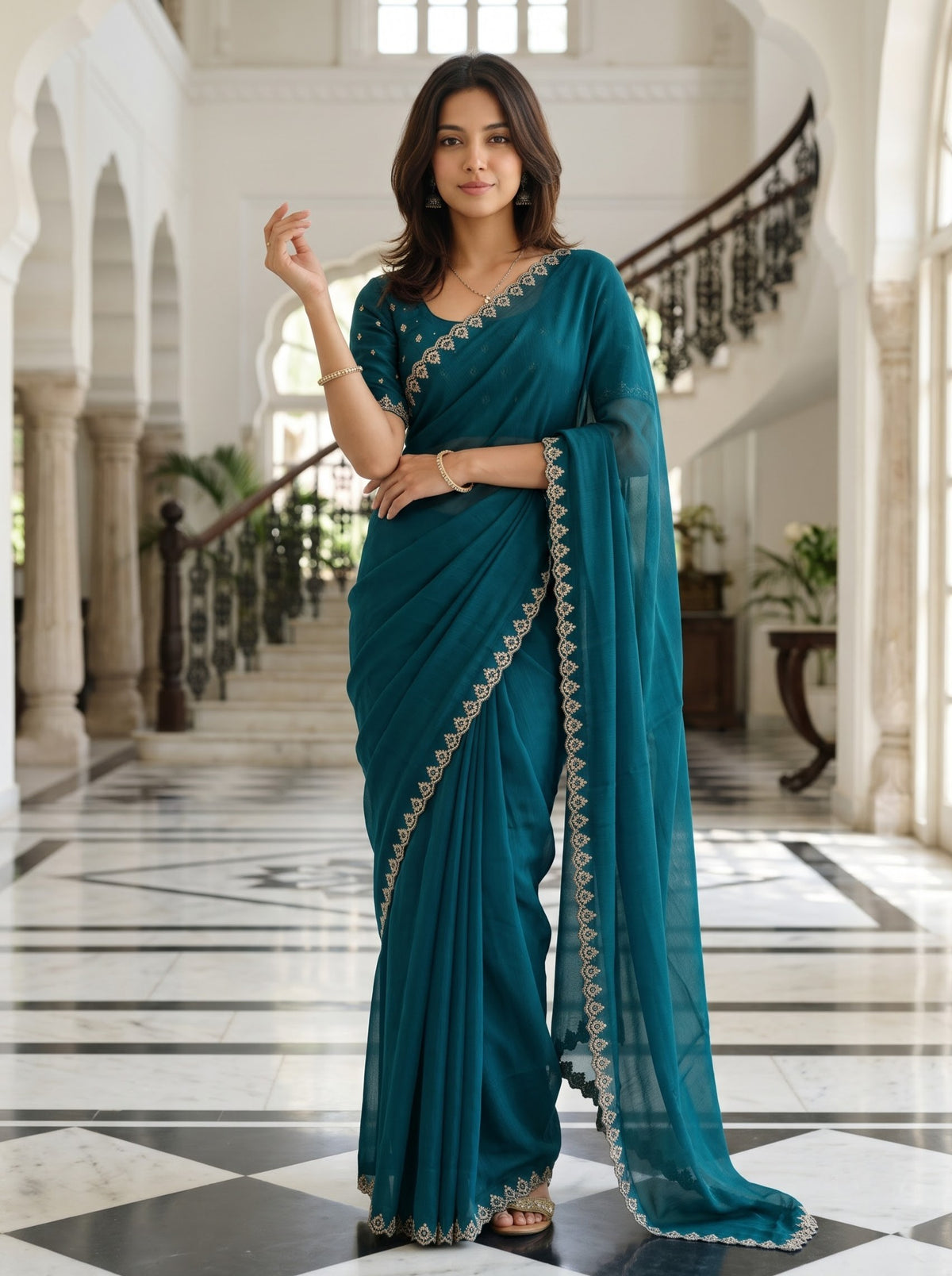Chiffon Teal Green Solid Saree with Sparkle Stone Embellished Lace Border