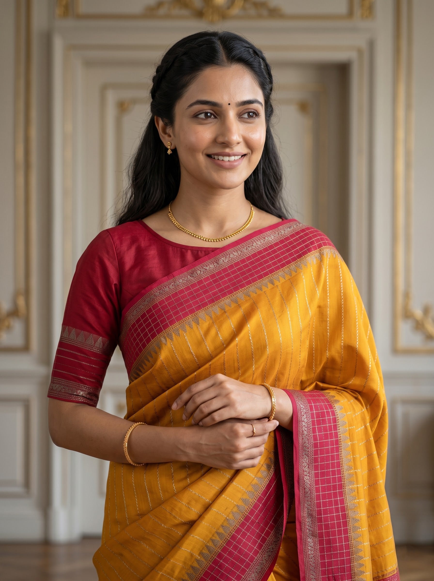 Semi Silk Mustard Saree with Red Temple Border and Zari Woven Pallu
