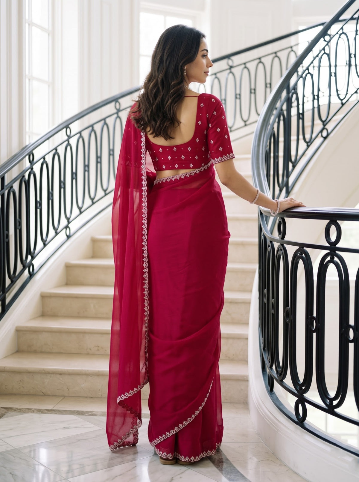 Chiffon Rani Pink Plain Saree with Stone Work Teardrop Scalloped Border