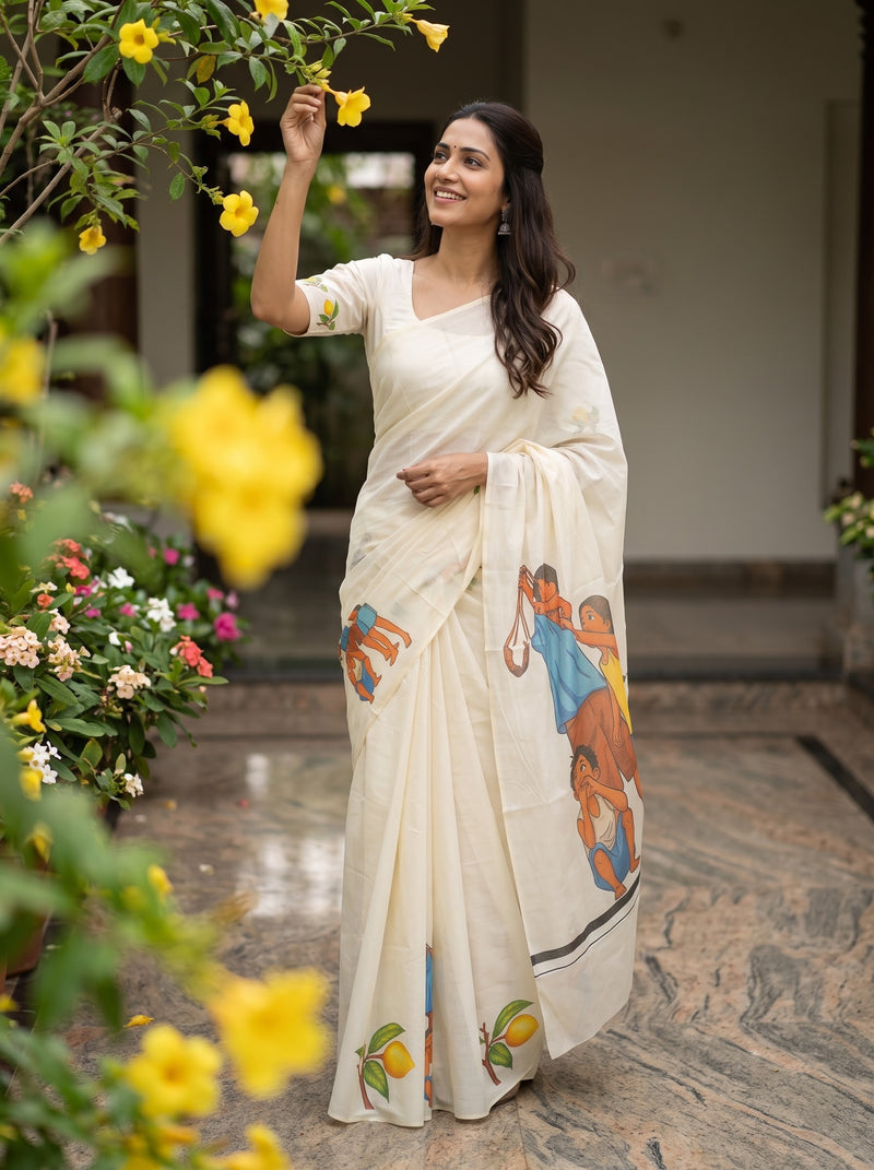 A woman wearing a cream-colored saree with colorful printed illustrations stands in a garden courtyard with yellow flowers in the foreground.