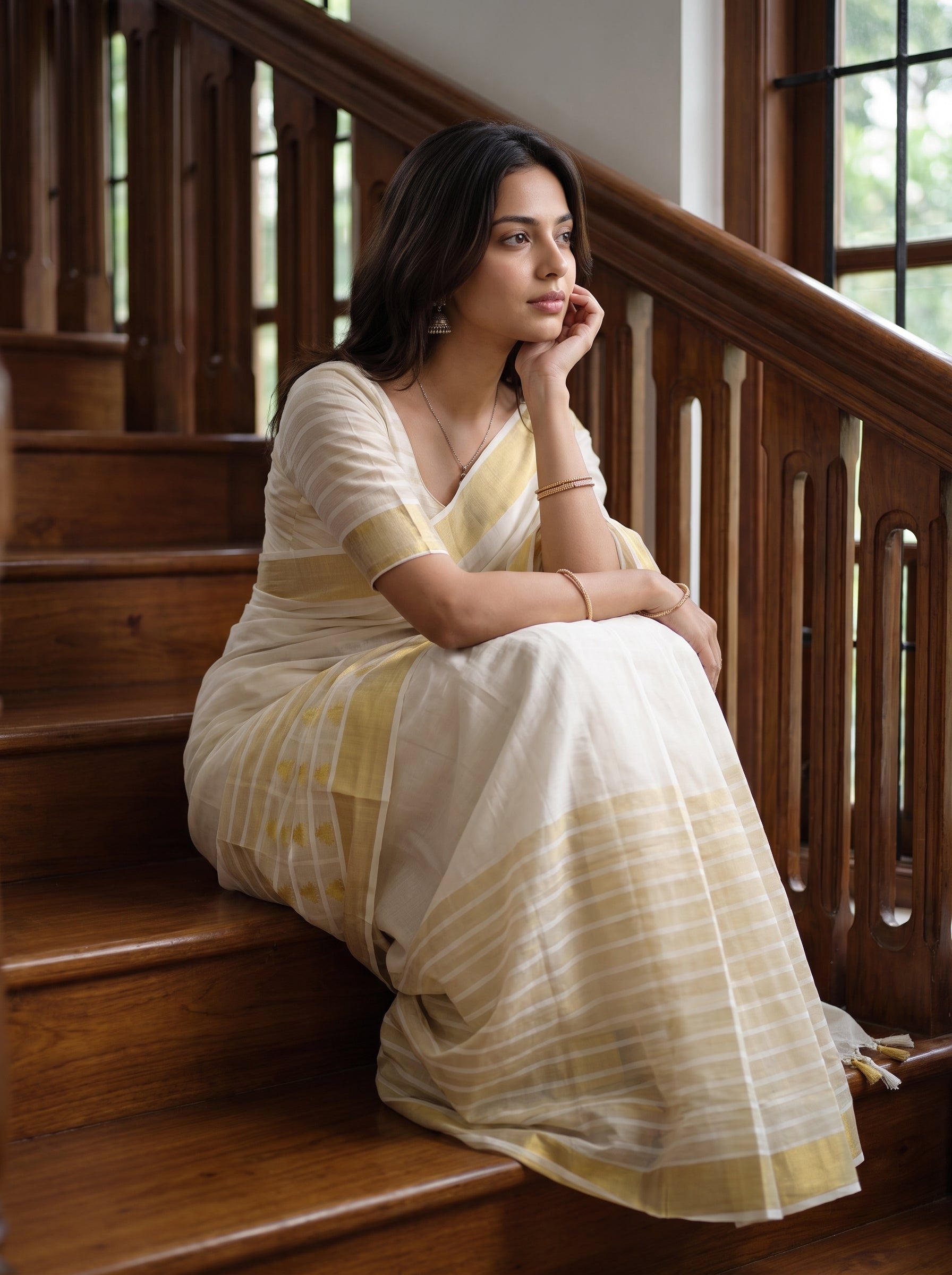 A woman sits on wooden stairs wearing a cream-colored sari with soft yellow stripes and a yellow border. The setting features a warm wooden staircase and railing.